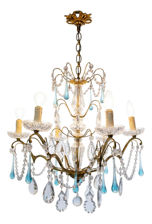 French 6-Arm Chandelier in Brass and Crystals, 1960s