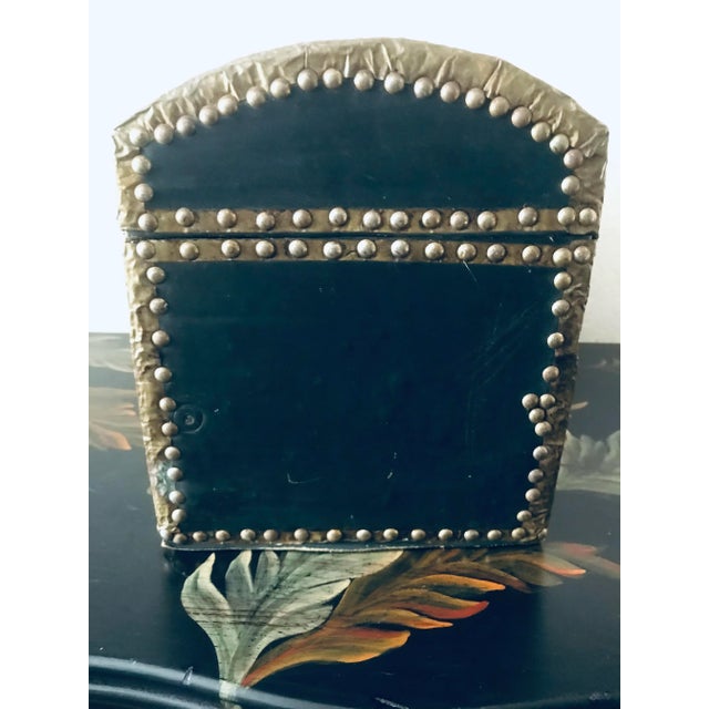 Black Antique French Leather Wrappedd Studded Dome Top Lined Box For Sale - Image 8 of 8