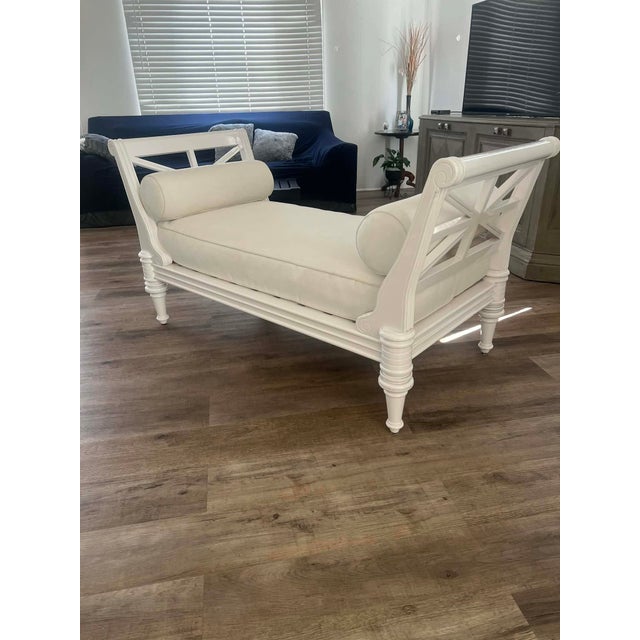 Wonderful outdoor bench with new upholstery, great for a "Coastal" look. Made of teak with this multi coat process finish....
