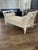 Wonderful outdoor bench with new upholstery, great for a "Coastal" look. Made of teak with this multi coat process finish....