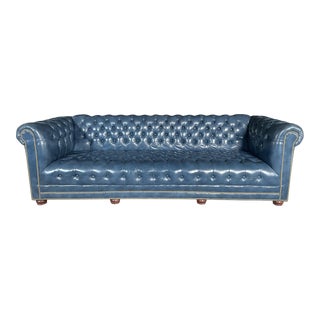 1990s Vintage Classic Blue Leather Chesterfield For Sale