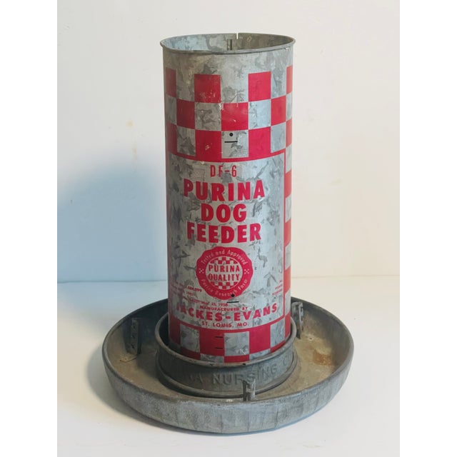 Rustic Antique Dog Tube Feeder Purina Chow Metal Rustic For Sale - Image 3 of 6