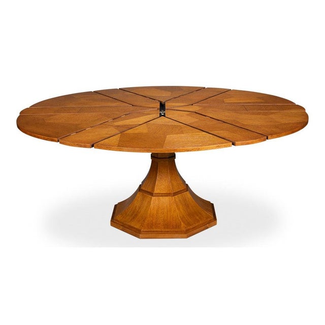 Transitional Round Dining Table, Medium - Light Brown Oak With Faceted Pedestal Base For Sale - Image 4 of 11