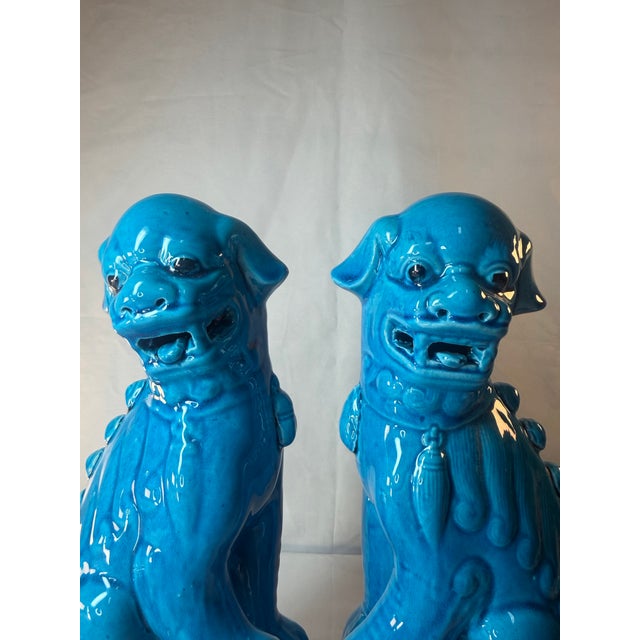 Late 20th Century Pair of Chinese Turquoise Glazed Ceramic Foo Dogs on Pedestals For Sale - Image 4 of 7