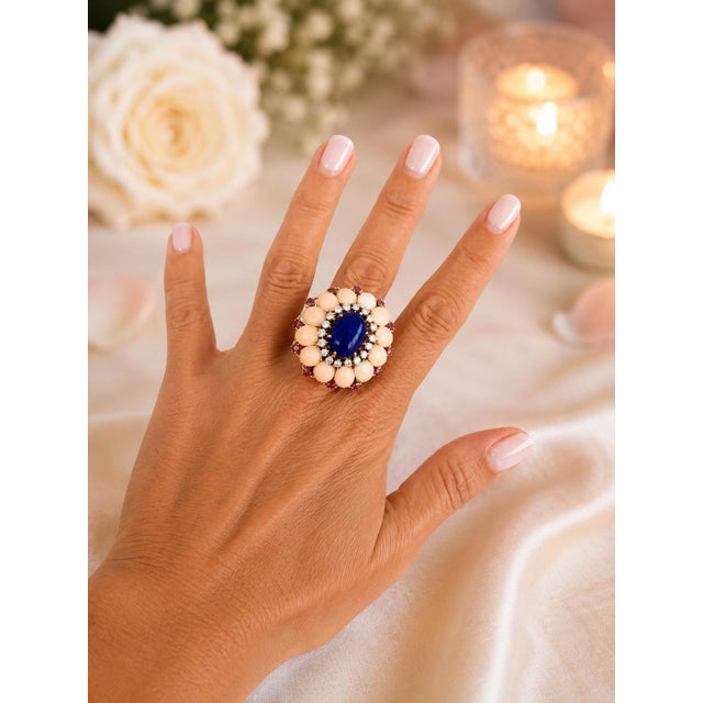 Italian 18k Gold Lapis, Coral, Ruby & Diamond Cocktail Ring, 1970s, Size 7 For Sale - Image 18 of 18