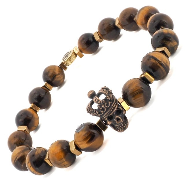 Tiger's Eye Stone Beaded King Skull Charm Bracelet For Sale - Image 4 of 9