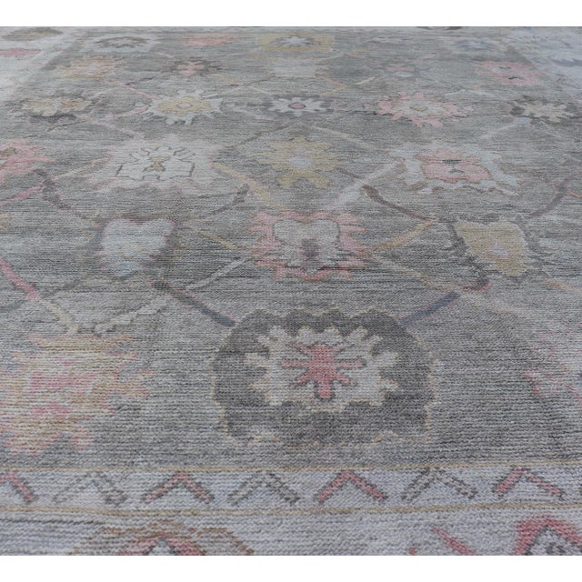 Tribal Tribal Design Turkish Oushak Rug With Medallions in Light Green and Multi Colors 9'0 X 11'9 For Sale - Image 3 of 10