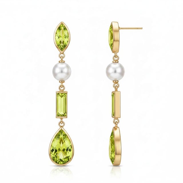 Modern Multi-Shape Peridot Earrings studs. Contemporary Pearl & Peridot Drop Earrings. Geometric Peridot and Pearl...