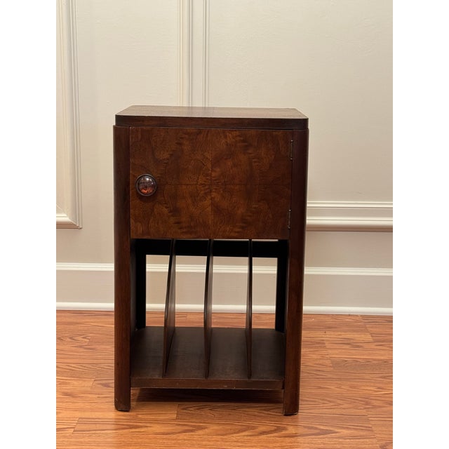 Mid-Century Modern Mid-Century Art Deco Mahogany and Walnut Burlwood Veneer Side Table/Magazine Holder For Sale - Image 3 of 15