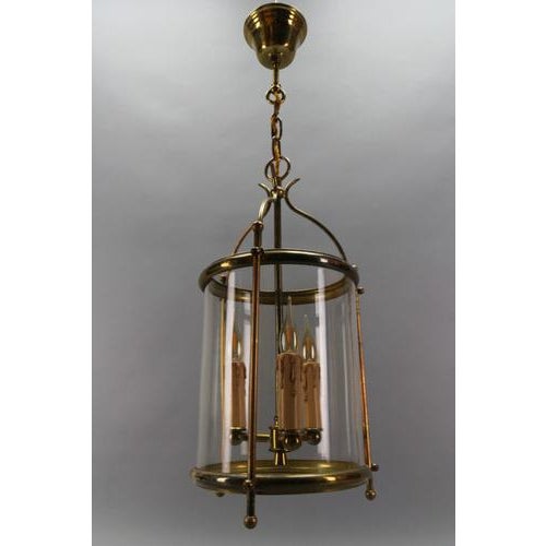 French Neoclassical Brass and Clear Glass Round Hanging Lantern, 1950s For Sale - Image 14 of 18