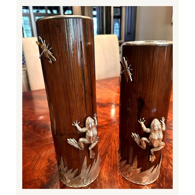 Set of 4 Bamboo Cylinder Vases With Silver Plate Frog, Dragonfly & Grass Accents For Sale - Image 6 of 8