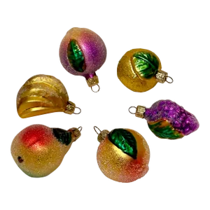 1990s Small Fruit Hand Blown Glass Ornaments, Made in Germany- Set of 6