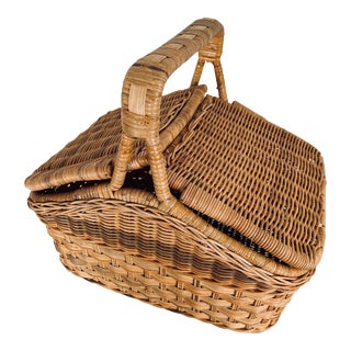 Vintage Rattan & Wicker Picnic Hamper Basket For Sale