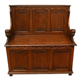 Jacobean Revival Oak Monk's Settle Bench, 1910s For Sale