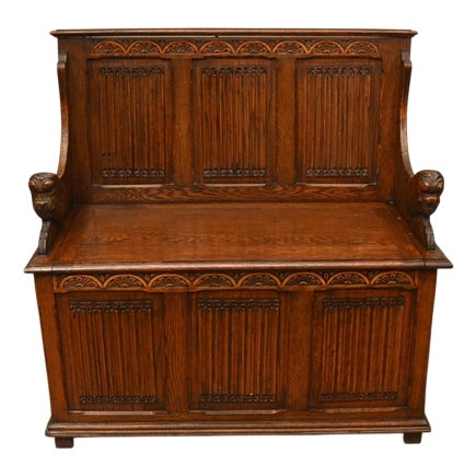 Jacobean Revival Oak Monk's Settle Bench, 1910s For Sale