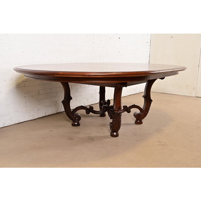 Henredon Henredon Italian Provincial Carved Walnut and Burl Wood Pedestal Extension Dining Table, Newly Refinished For Sale - Image 4 of 14