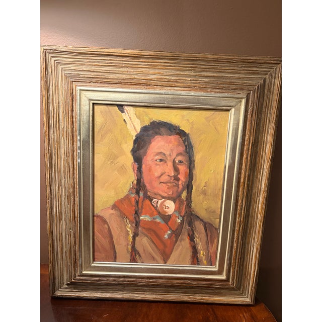 American 1990s American Portrait of Indian Oil Painting of Native American Man Wearing Necklace Unsigned - Style After Nicolai Fechin and Robert Henri For Sale - Image 3 of 4