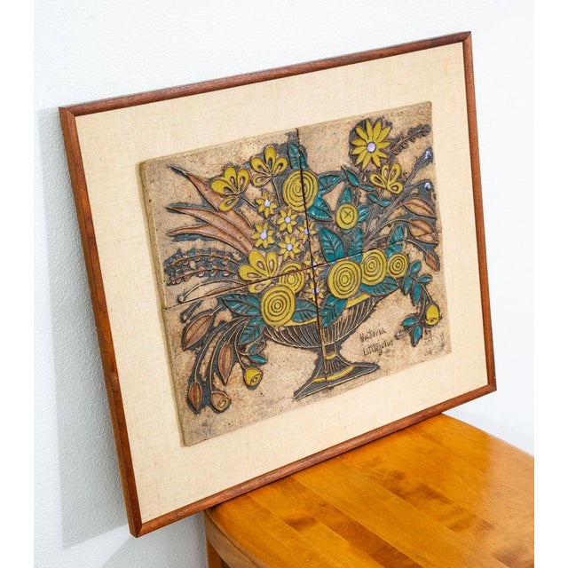 Rare floral design ceramic wall plaque / mural by Victoria Littlejohn. These 4 incredible handmade tiles make up a...