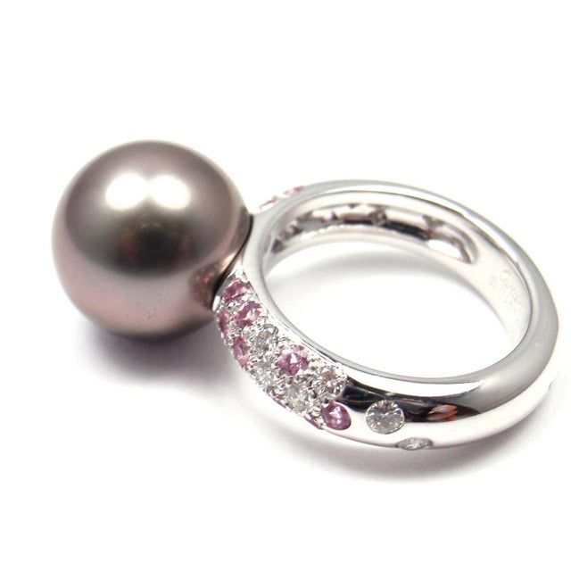 Metal Cartier 18k White Gold Tahitian Pearl Diamond Pink Sapphire Ring For Sale - Image 7 of 10