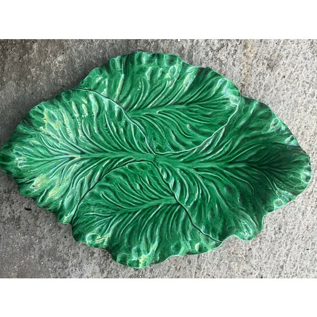 Vintage Regency Portuguese Glazed Ceramic Cabbage Leaves Platter For Sale - Image 10 of 12