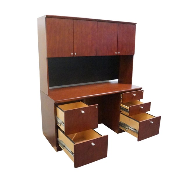 Wood Bernhardt Furniture Cherry Contemporary Modern 60" Computer Credenza Desk W. Filing Cabinets and Cabinet Top For Sale - Image 7 of 16
