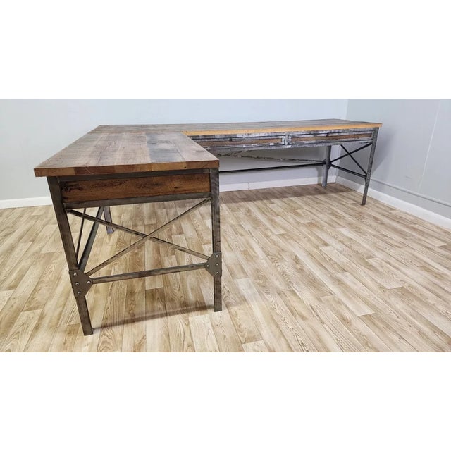 Late 20th Century Brutalist L-Shaped Desk Metal Wood Custom Welded Rivets For Sale - Image 5 of 12