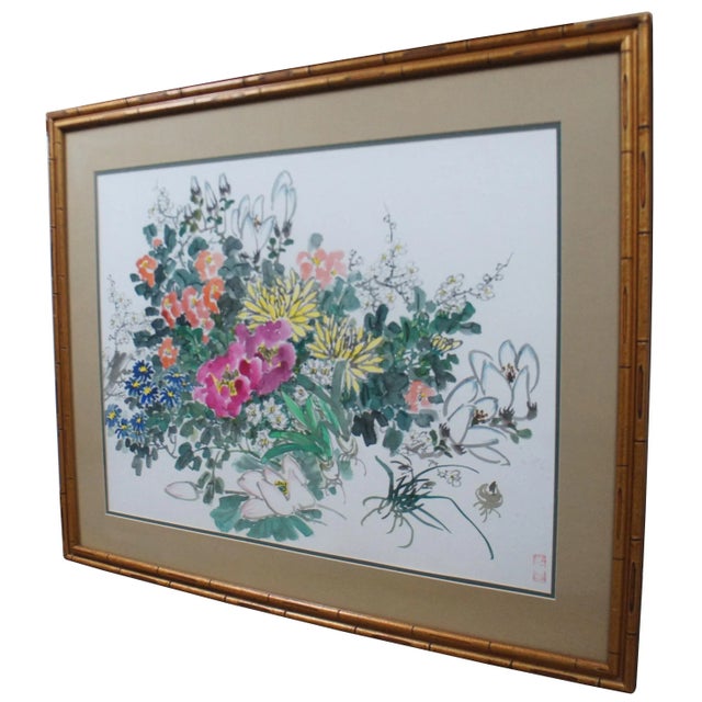 Vintage chinoiserie watercolor painting showing a variety of flowers on a plain white background, faux bamboo frame....