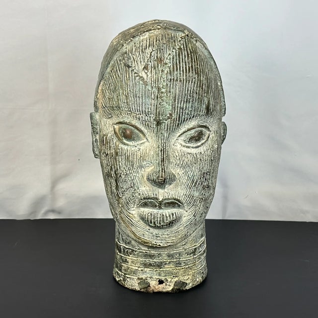 African Benin Patinated Bronze Head For Sale - Image 3 of 13