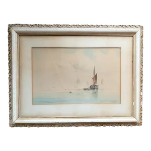 19th Century European Watercolor Nautical Seascape Painting of Fishing Ships, Signed