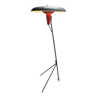 Mid-Century Tripod NX 38 Floor Lamp with Red Cone and Grey Saucer Shade by Louis Kalff for Philips, Netherlands, 1950s For Sale