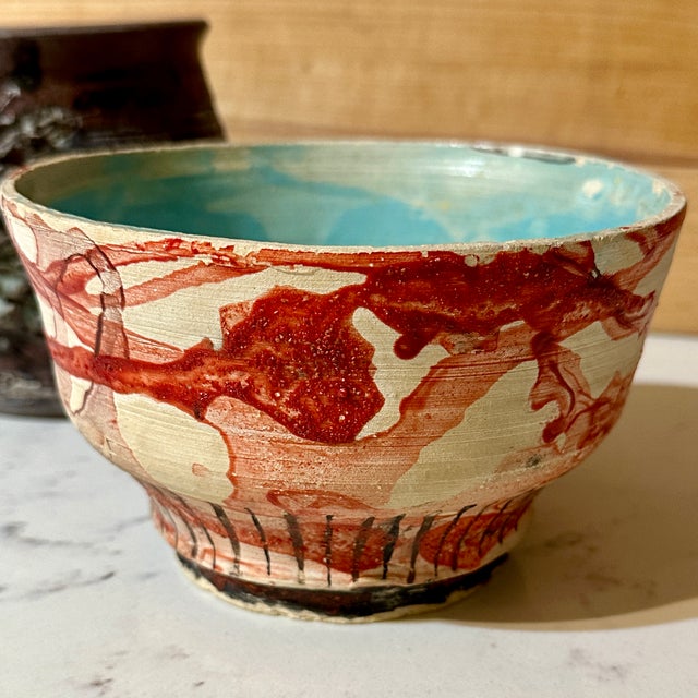 Japanese 1970s Avant Garde Brutalist Studio Pottery Oxblood Turquoise Chawan Vessel For Sale - Image 3 of 4