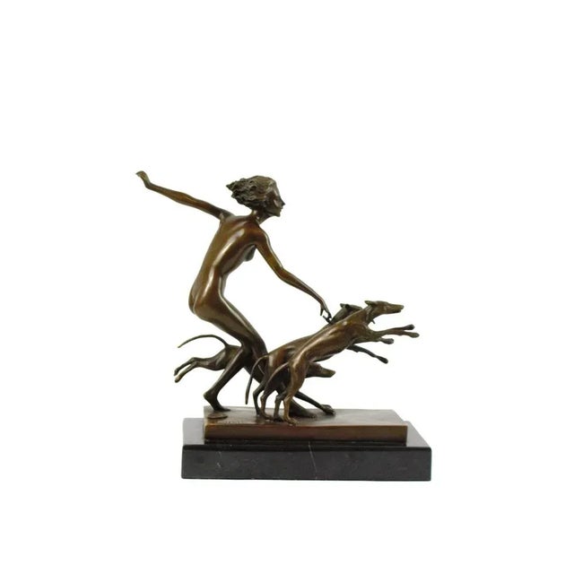 A nude bronze woman with three dogs resting on a black marble base by Josef Lorenzl, an Austrian of the 1920s. This piece...