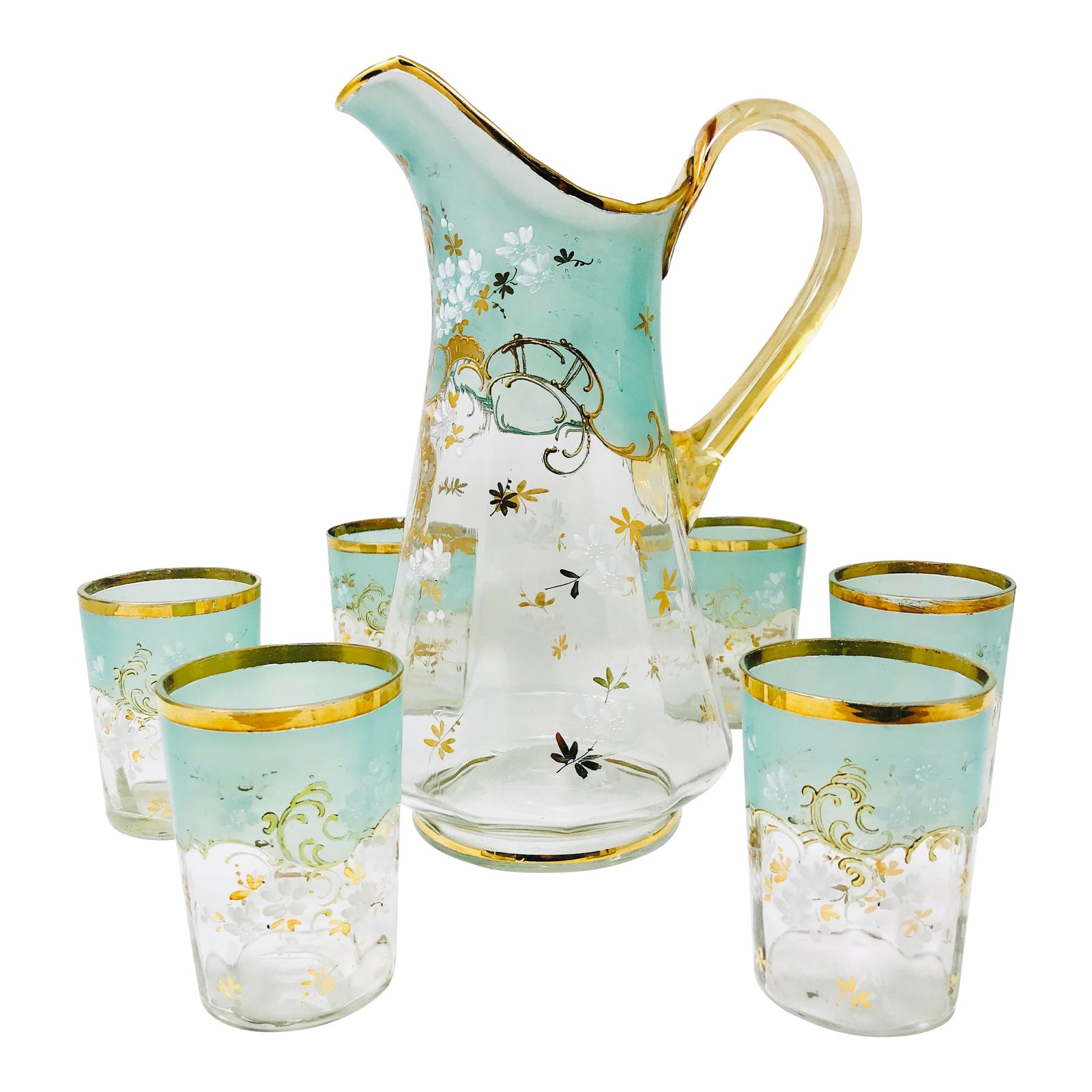 French 19th C. Hand-Painted Glass Pitcher & Glasses Serving Set - Set ...