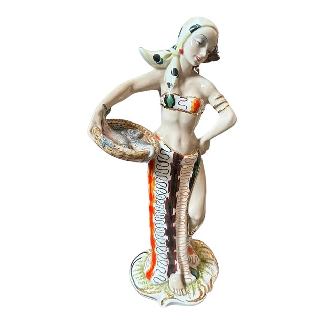 1950s Mid-Century Modern Ceramic Italian Figure of a Woman With Fishes For Sale