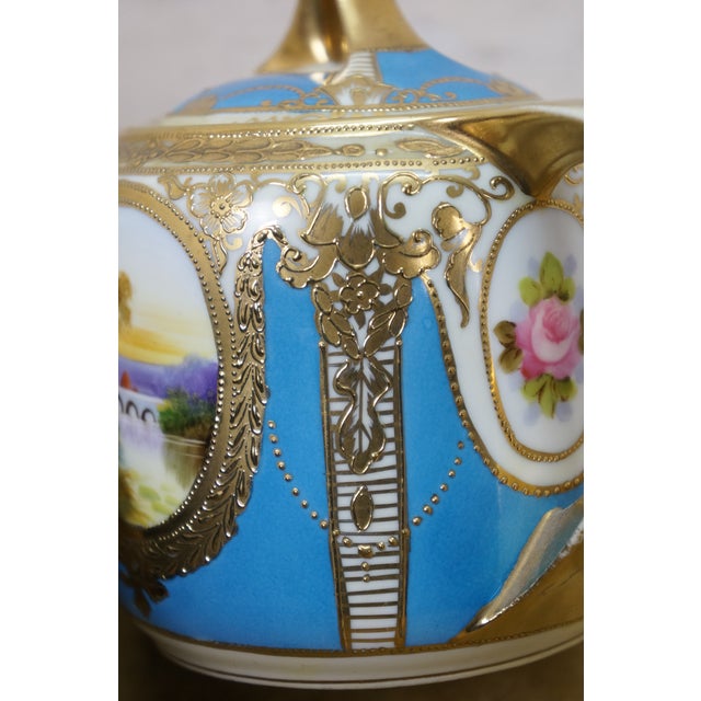 Antique Noritake Turquoise Blue & Gold Lidded Sugar Bowl W/ Spoon For Sale - Image 17 of 18