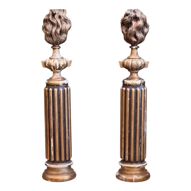 Pair of Late 18th or Early 19th Century Continental Carved Giltwood Flame Urn Columns For Sale