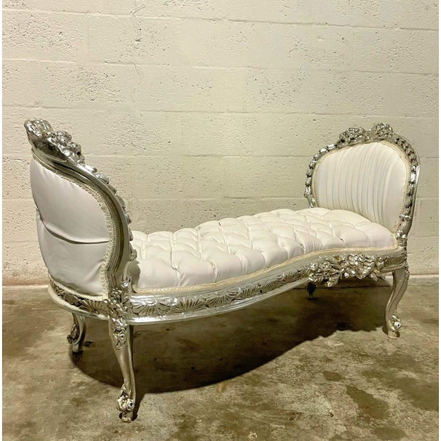 Ornamental & Decorative Materials 1990s French Marquis Tufted Bench – White Leather Upholstery With Silver Leaf Details For Sale - Image 7 of 7