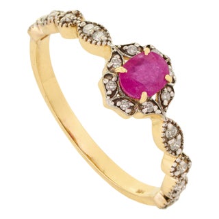 Oval Cut Ruby & Diamond Floral Halo Vintage Ring Size 6.5 in 14k Yellow Gold For Sale
