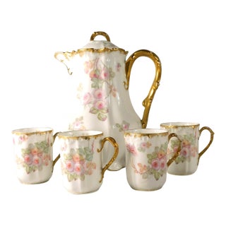 Late 18th Century Limoges Pink Floral Chocolate Pot With Four Matching Cups # 27213 For Sale