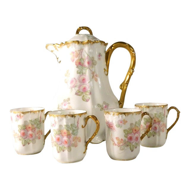 Late 18th Century Limoges Pink Floral Chocolate Pot With Four Matching Cups # 27213 For Sale
