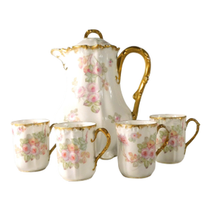 Late 18th Century Limoges Pink Floral Chocolate Pot With Four Matching Cups # 27213