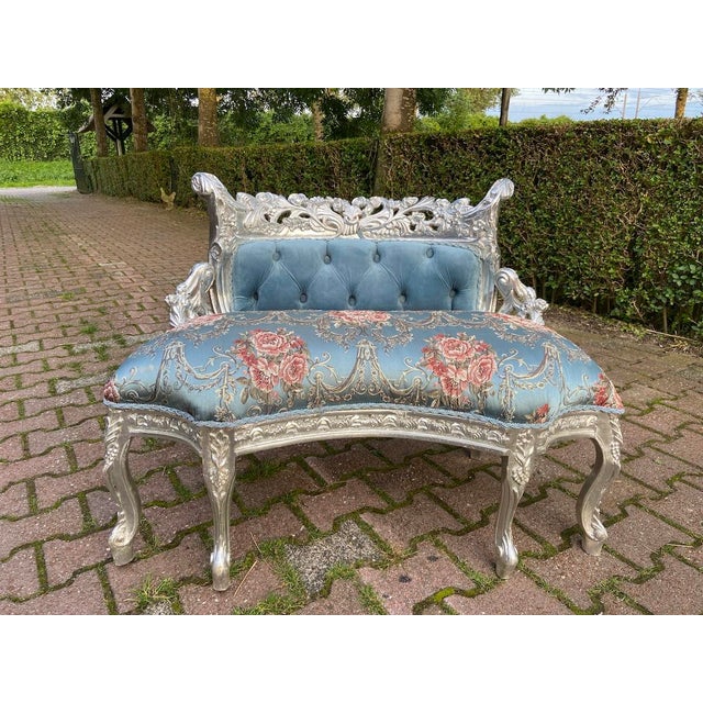 1970s French Louis XVI Blue Silver Beech Settee 1 Pc For Sale - Image 15 of 15