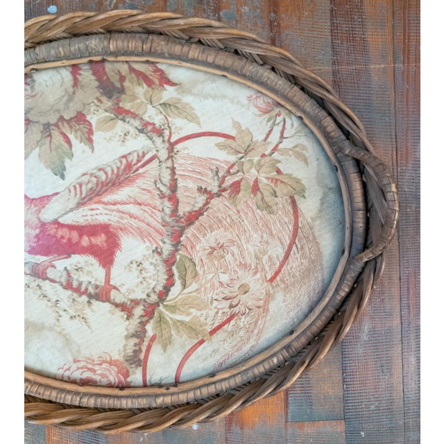 English 19th or 20th Century French Wicker Serving Tray With Tapestry Fragment of Bird For Sale - Image 3 of 16