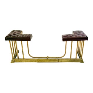 English Circa 1900 Brass Fireplace Club Fender With Tufted Leather Seats For Sale