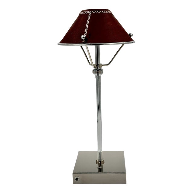 Rechargeable Steel Lamp with Leather Lampshade by Borges For Sale