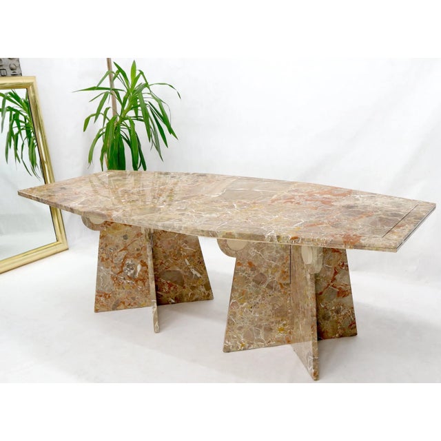 Mid-Century Modern large boat shape vivid marble grain dining or conference table.