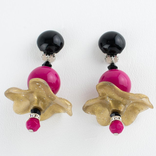 2000 - 2009 Angela Caputi Fuchsia and Gold Dust Resin Dangle Flamenco Floral Clip Earrings For Sale - Image 5 of 8