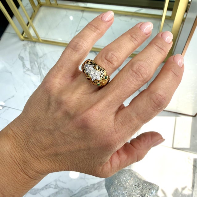 David Webb 18k Yellow Gold & Platinum Leopard Looped Tail Diamond Cocktail Ring Size 5 For Sale - Image 11 of 11