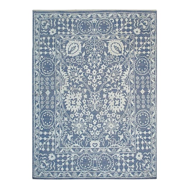 8x10 Blue Hand-Knotted Wool Bamboo Silk Framed Floral Garden Geometric Carpet For Sale