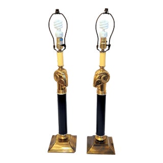 Vintage Hollywood Regency Brass Ram's Head Lamps- Pair For Sale